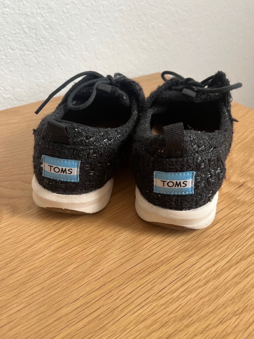 Toms Black Tweed Lace-Up Sneakers with White Soles and Blue Logo